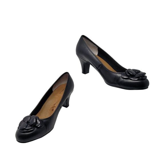 Ross Hommerson Black Leather Pumps 11W Slip On 3D Flower Heels Grannycore - Picture 8 of 11